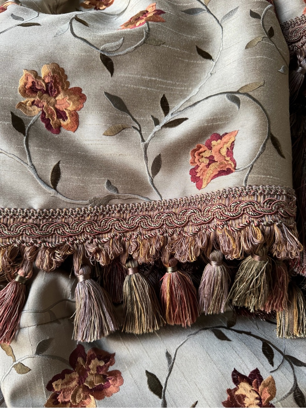 Embroidered Floral Tassel Curtain Panel in Sage and Rust